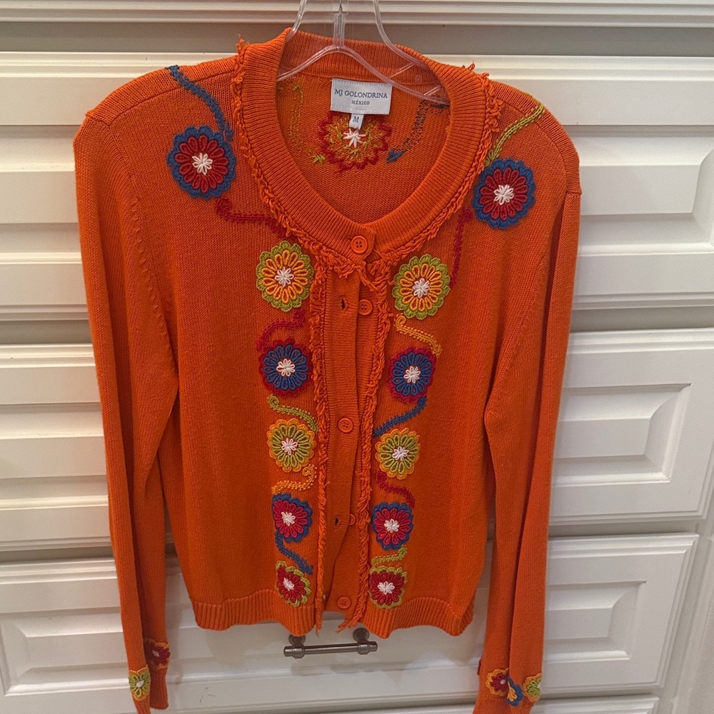 Mi Golondrina Vibrant Orange Cardigan with Multicolor Embroidery